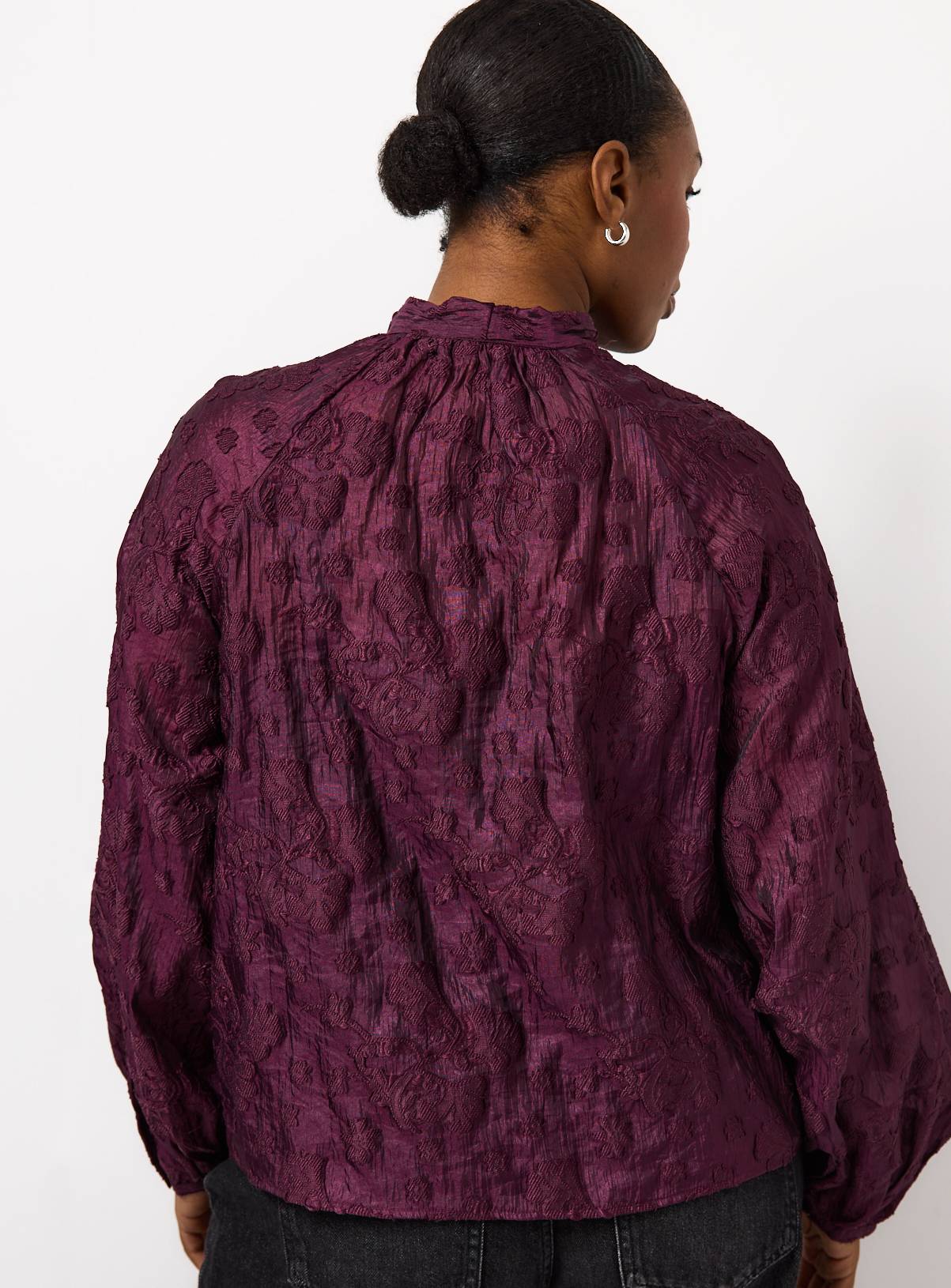 Dark Red Tie Neck Jacquard Blouse 18 - Image 4